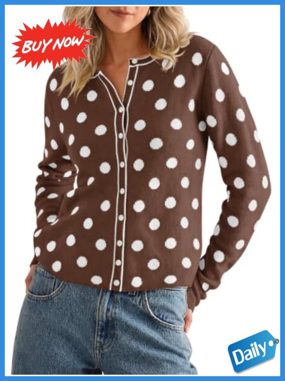 Polka Dot Button Up Cardigan Long Sleeve Knit Sweater Top Fitted